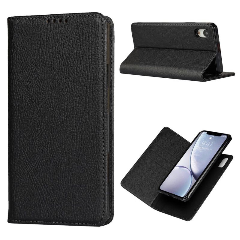 Flip Case iPhone XR Schwarz Abnehmbare Schale Aus Echtem Litschileder