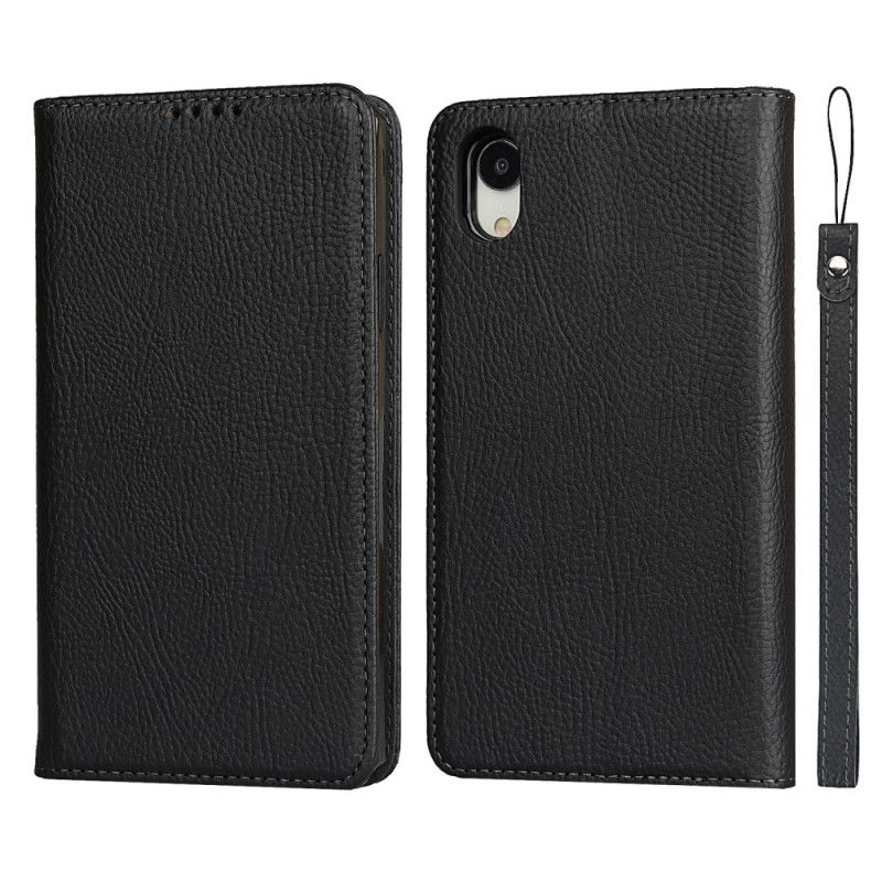 Flip Case iPhone XR Schwarz Abnehmbare Schale Aus Echtem Litschileder