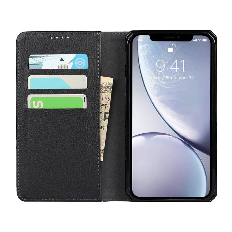 Flip Case iPhone XR Schwarz Abnehmbare Schale Aus Echtem Litschileder