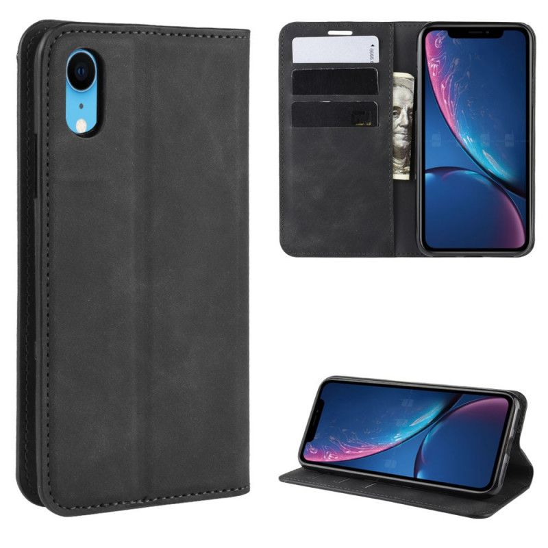 Flip Case iPhone XR Schwarz Handyhülle Weicher Ledereffekt