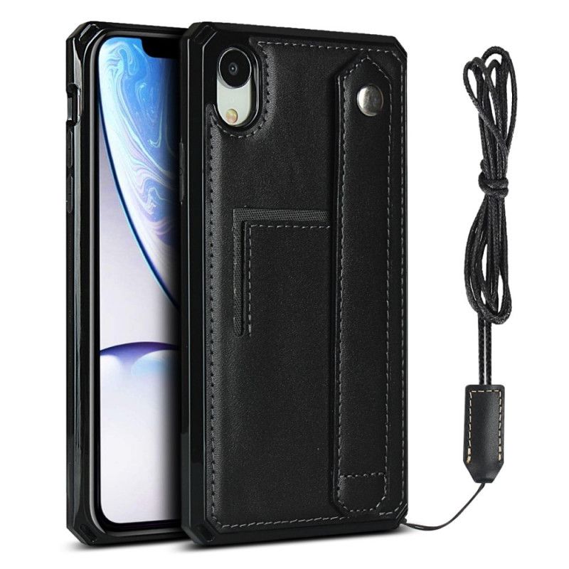 Hülle iPhone XR Schwarz Echtleder-Kartenhalterband Und Lanyard