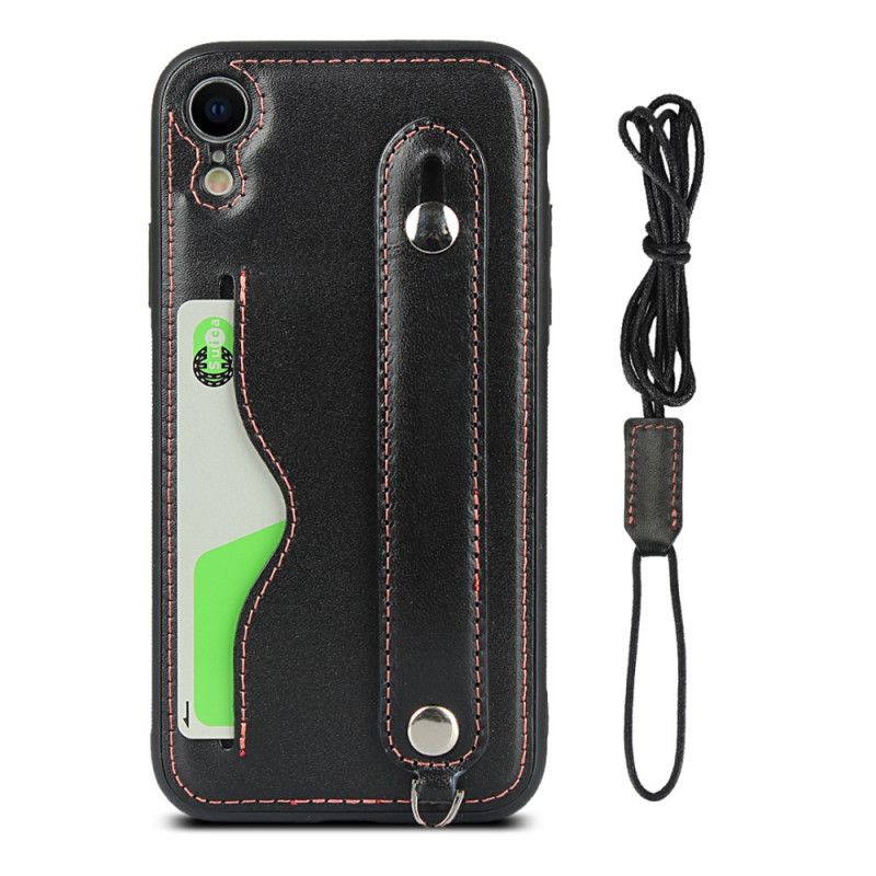 Hülle iPhone XR Schwarz Echtlederarmband Und Kartenhalter