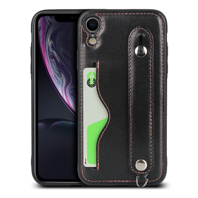 Hülle iPhone XR Schwarz Echtlederarmband Und Kartenhalter