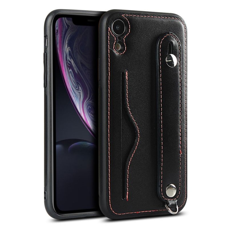 Hülle iPhone XR Schwarz Echtlederarmband Und Kartenhalter