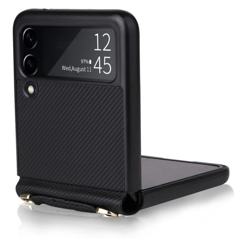 Handyhülle Für Samsung Galaxy Z Flip 4 Flip Case Kohlefaserstruktur In Lederoptik Mit Riemen