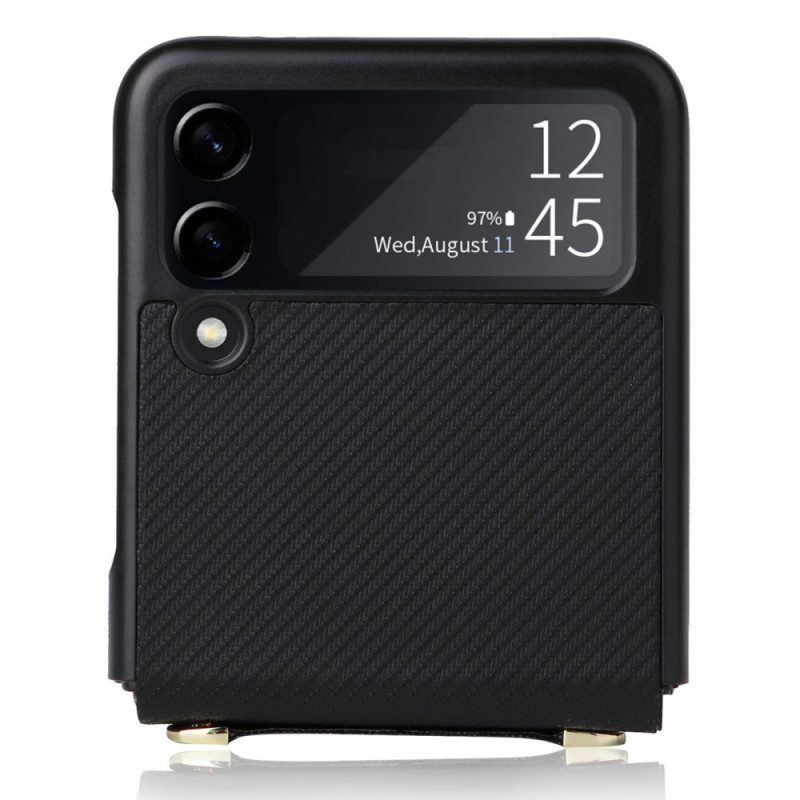 Handyhülle Für Samsung Galaxy Z Flip 4 Flip Case Kohlefaserstruktur In Lederoptik Mit Riemen