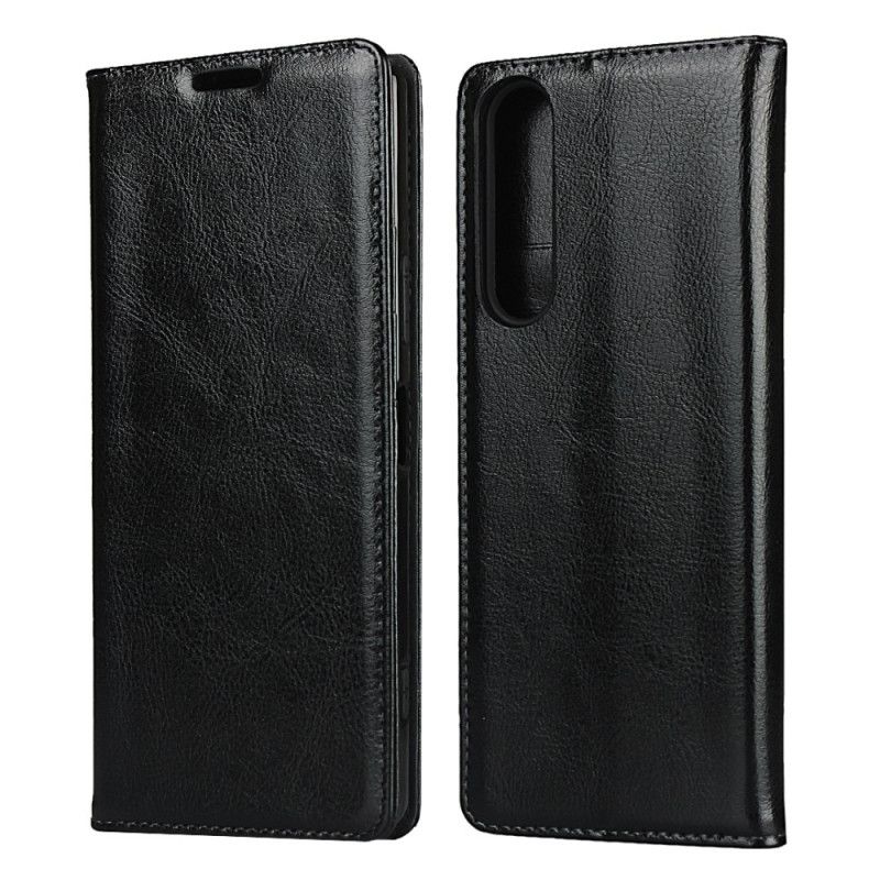 Flip Case Für Sony Xperia 1 II Schwarz Echtes Reines Leder