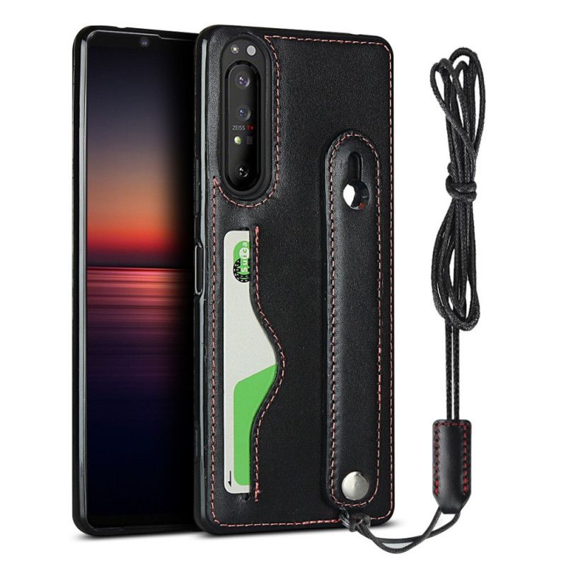 Hülle Sony Xperia 1 II Schwarz Handyhülle Echtlederarmband Und Kartenhalter