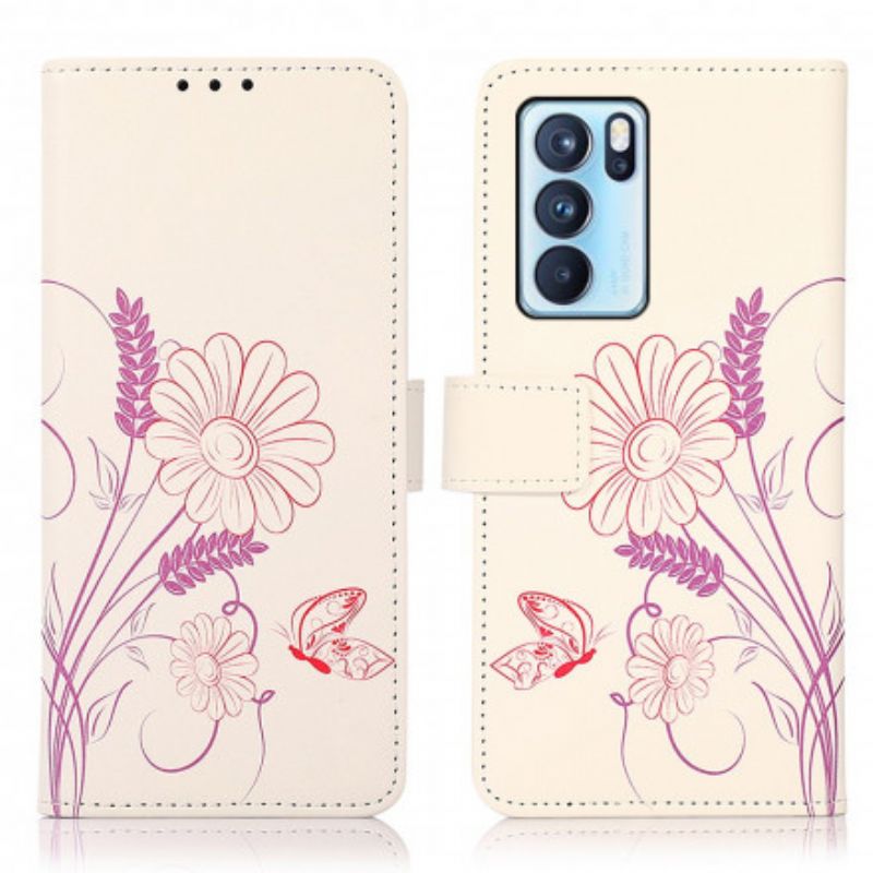 Lederhüllen Oppo Reno 6 Pro 5g Handyhülle Schmetterlinge Und Blumen Zeichnen