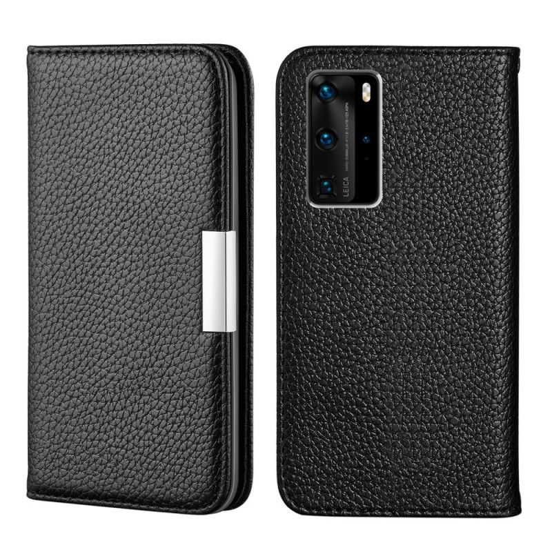 Flip Case Huawei P40 Pro Schwarz Ultra Schickes Litschi-Kunstleder