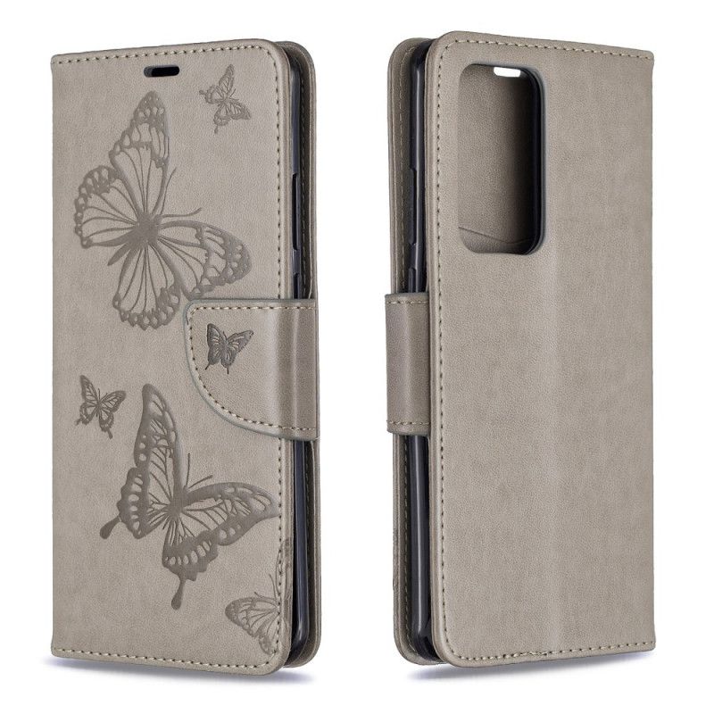 Lederhüllen Für Huawei P40 Pro Cyan Schmetterlinge Und Schräge Klappe