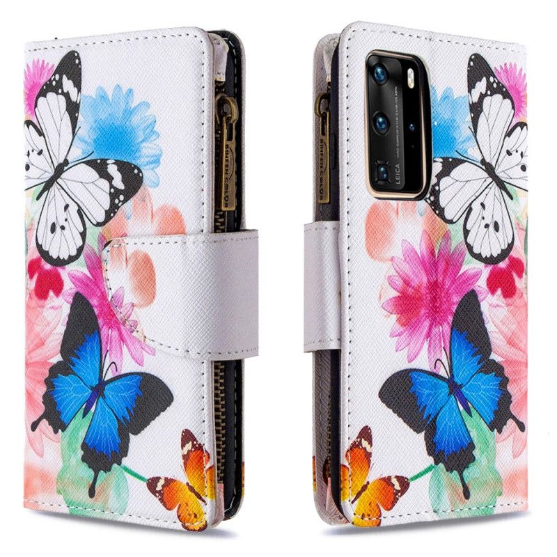 Lederhüllen Für Huawei P40 Pro Schwarz Schmetterlings-Reißverschlusstasche
