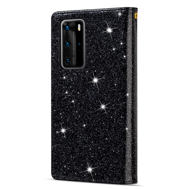 Lederhüllen Huawei P40 Pro Schwarz Brieftasche Mit Pailletten Und Reißverschluss