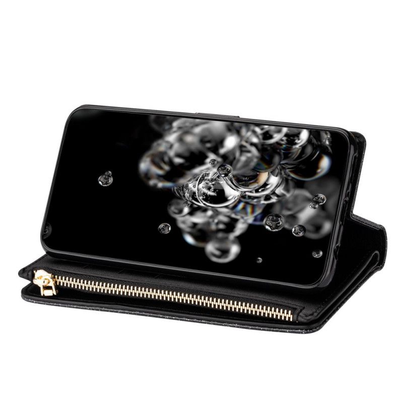 Lederhüllen Huawei P40 Pro Schwarz Brieftasche Mit Pailletten Und Reißverschluss