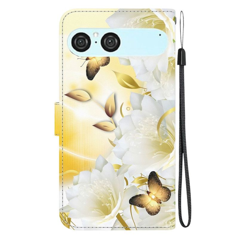 Lederhüllen Für Sony Xperia 10 Vii Goldene Schmetterlinge Und Weiße Blumen