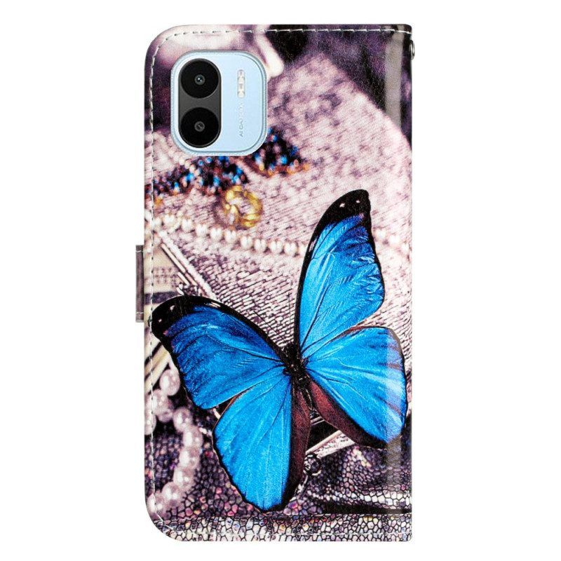 Lederhüllen Für Xiaomi Redmi A1 Mit Kordel Blauer Schmetterling Mit Riemen