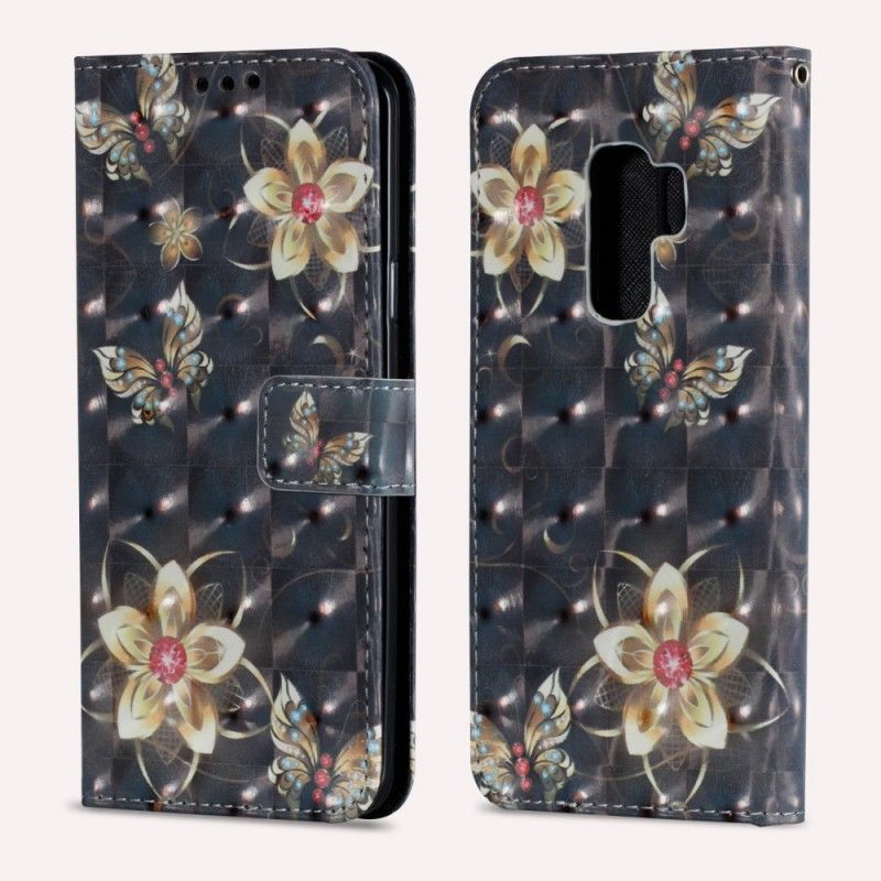 Lederhüllen Für Samsung Galaxy S9 Plus Schwarz Bunte Retro-Blumen