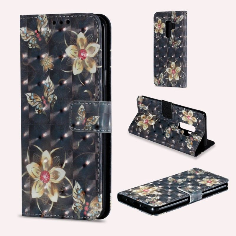 Lederhüllen Für Samsung Galaxy S9 Plus Schwarz Bunte Retro-Blumen