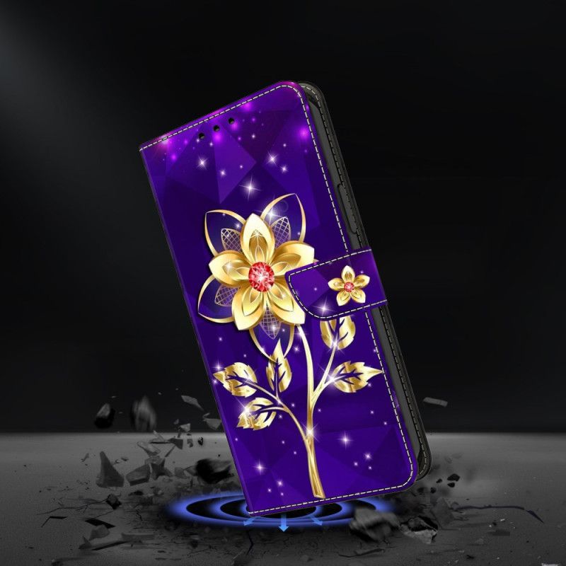 Lederhüllen Samsung Galaxy A17 4g / 5g Handyhülle Goldene Blume Auf Violettem Hintergrund