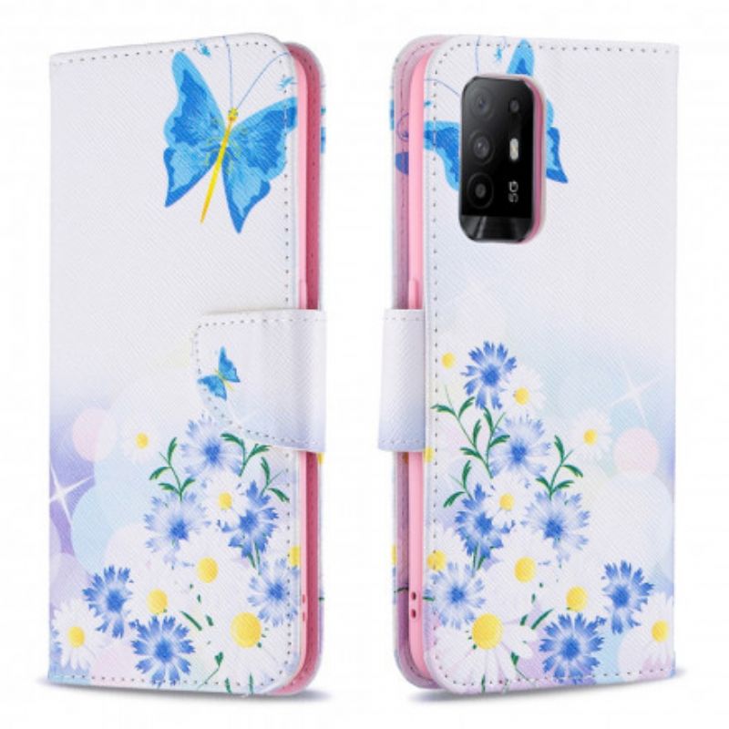 Lederhüllen Oppo A94 5g Bemalte Schmetterlinge Und Blumen