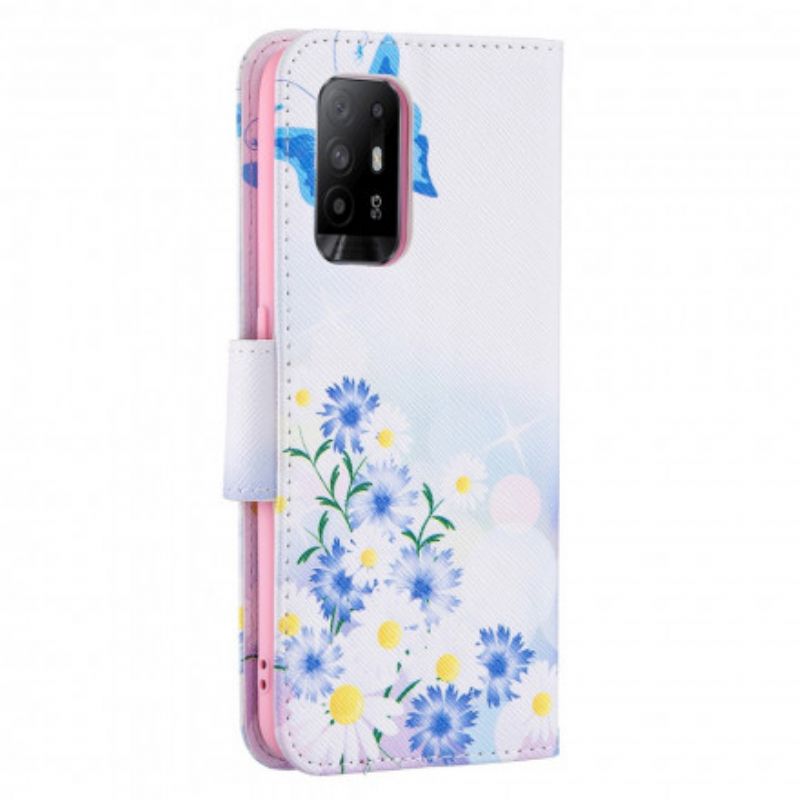 Lederhüllen Oppo A94 5g Bemalte Schmetterlinge Und Blumen