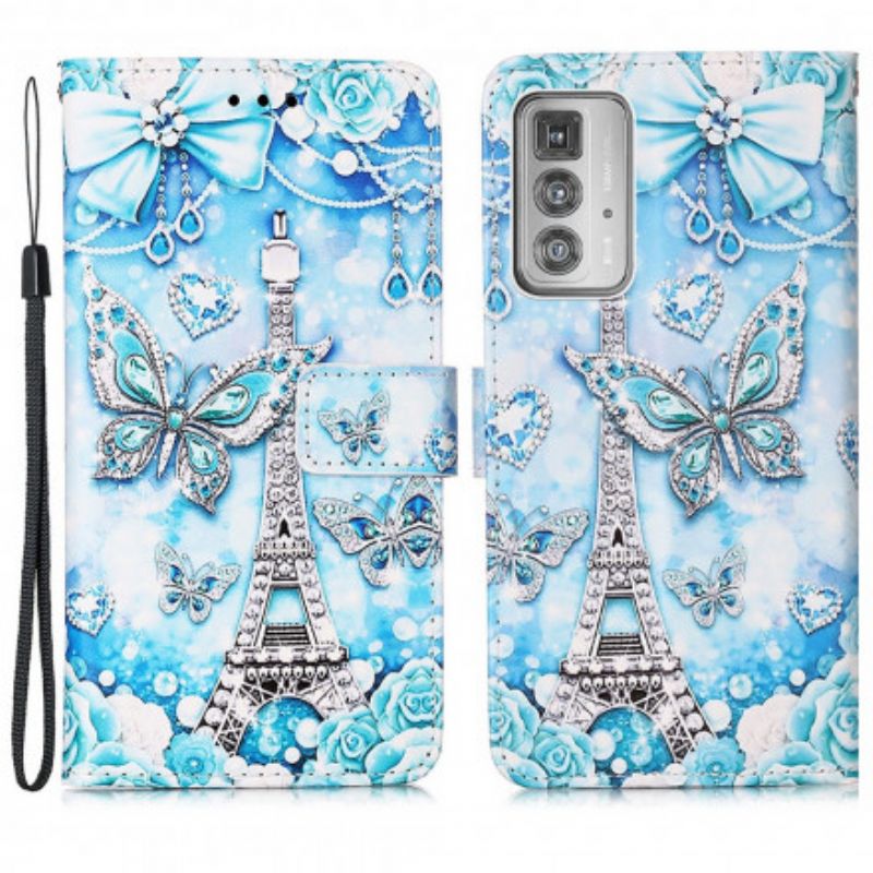 Lederhüllen Für Motorola Edge 20 Pro Armband Schmetterlinge Eiffelturm