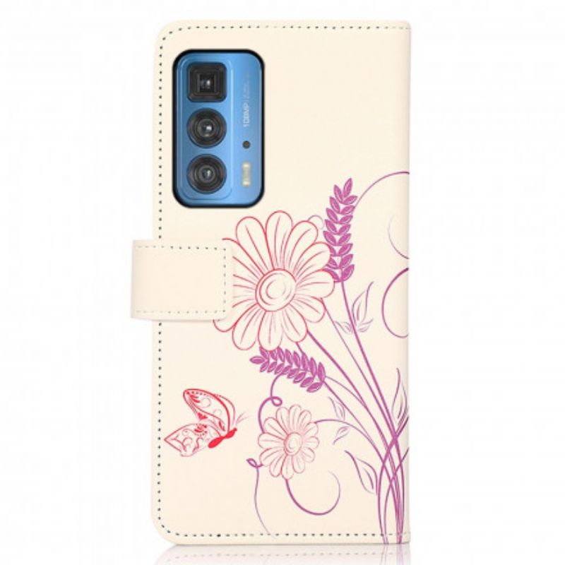Lederhüllen Für Motorola Edge 20 Pro Schmetterlinge Und Blumen Zeichnen