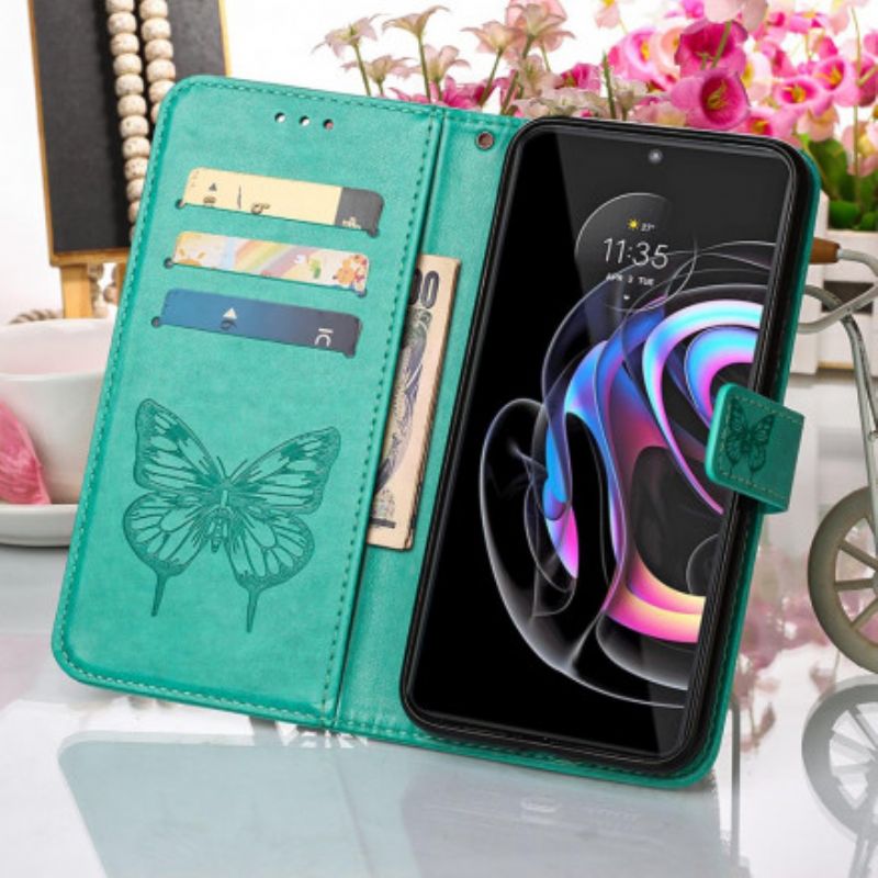 Lederhüllen Motorola Edge 20 Pro Schmetterlingsdesign Mit Lanyard