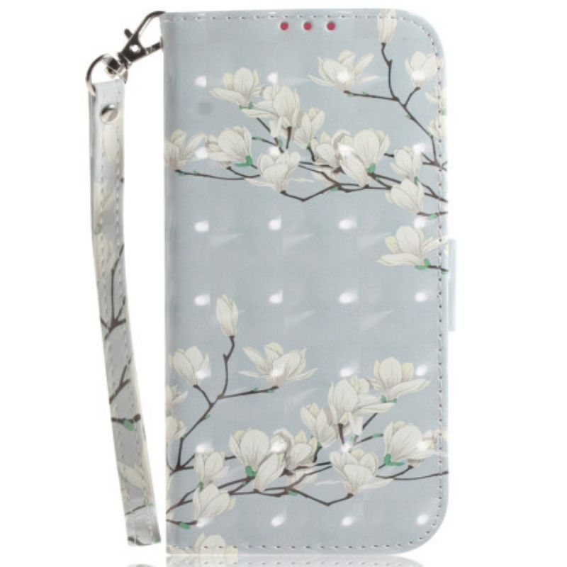 Lederhüllen Xiaomi 15 Schlüsselband Mit Magnolien-motiv