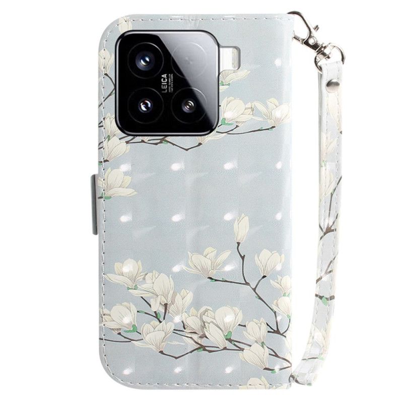 Lederhüllen Xiaomi 15 Schlüsselband Mit Magnolien-motiv