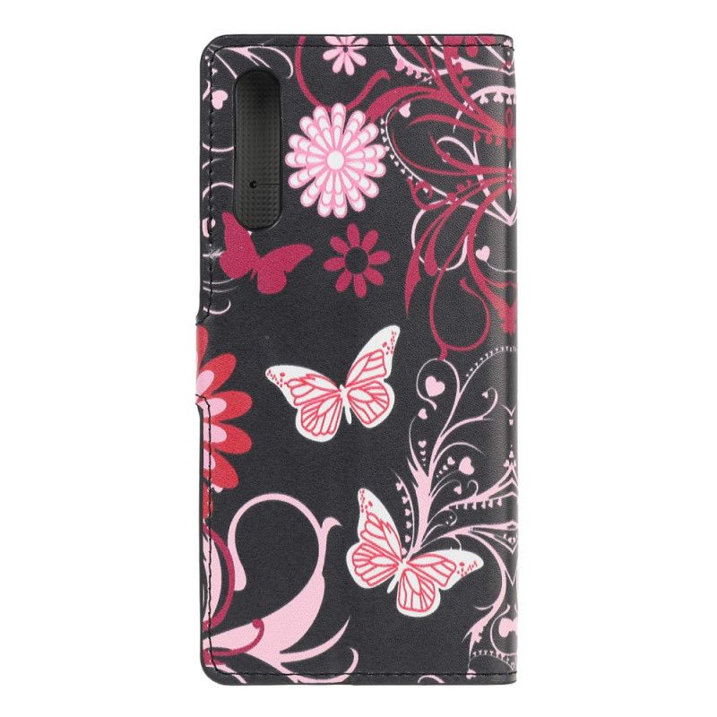 Lederhüllen Für Huawei P Smart S Schwarz Schmetterlinge Und Blumen