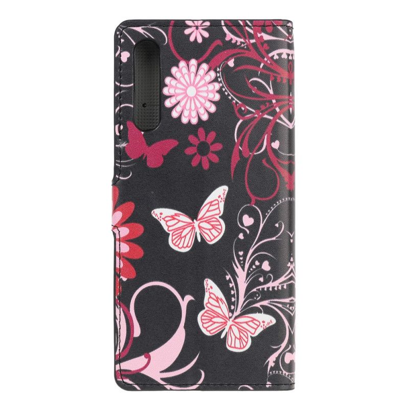 Lederhüllen Für Huawei P Smart S Schwarz Schmetterlinge Und Blumen