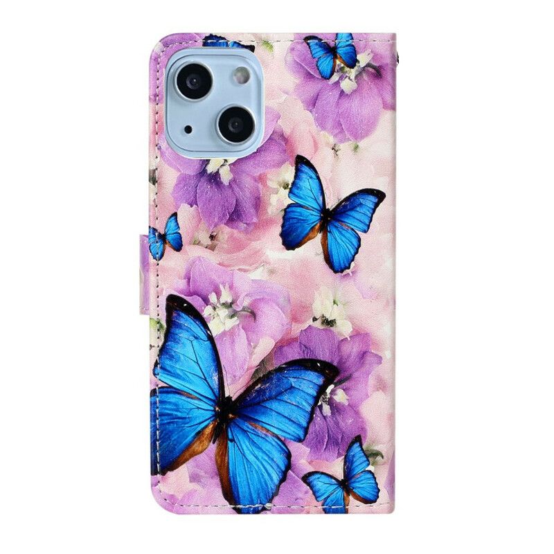 Lederhüllen Für Iphone 13 Mini Blaue Schmetterlinge In Den Blumen