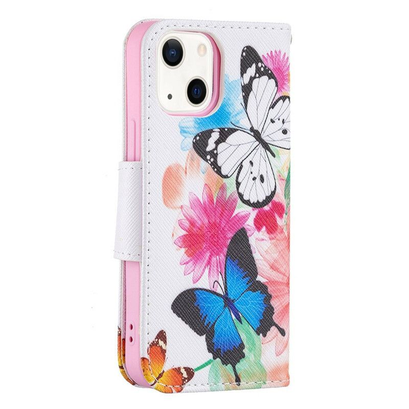 Lederhüllen Iphone 13 Mini Gemalte Schmetterlinge Und Blumen