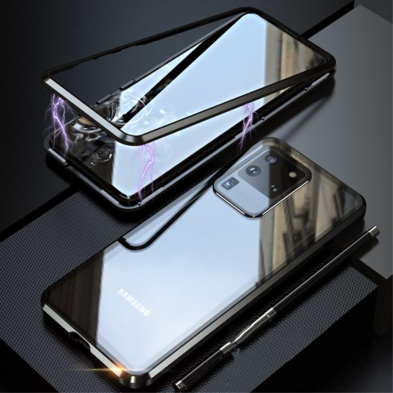 Hülle Für Samsung Galaxy S20 Ultra Schwarz Metallkanten Und Gehärtetes Glas