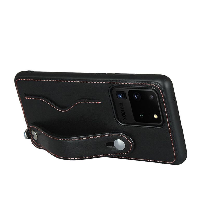 Hülle Samsung Galaxy S20 Ultra Schwarz Echtlederarmband Und Kartenhalter