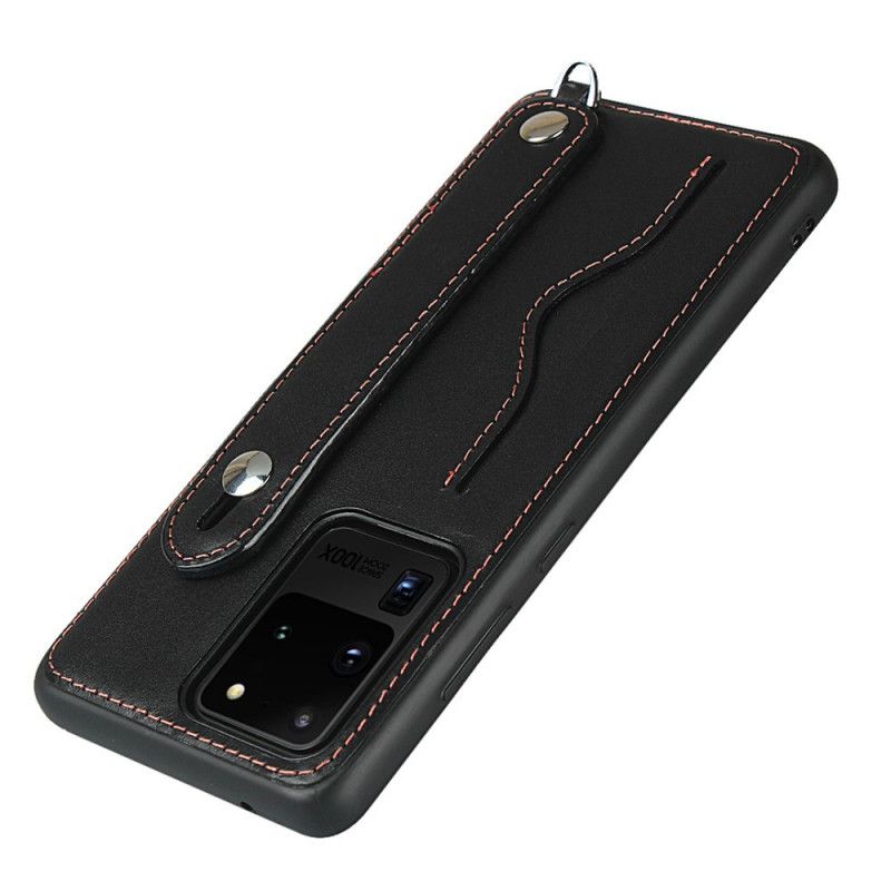 Hülle Samsung Galaxy S20 Ultra Schwarz Echtlederarmband Und Kartenhalter