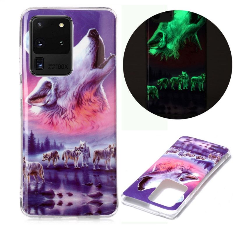 Hülle Samsung Galaxy S20 Ultra Weiß Fluoreszierende Wolfsreihe