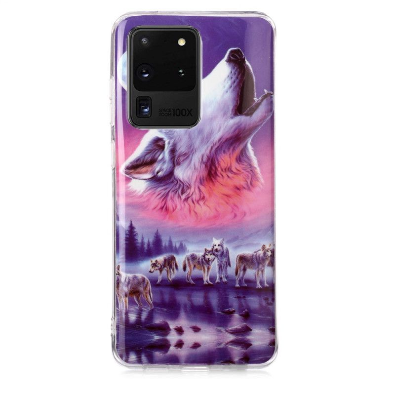 Hülle Samsung Galaxy S20 Ultra Weiß Fluoreszierende Wolfsreihe