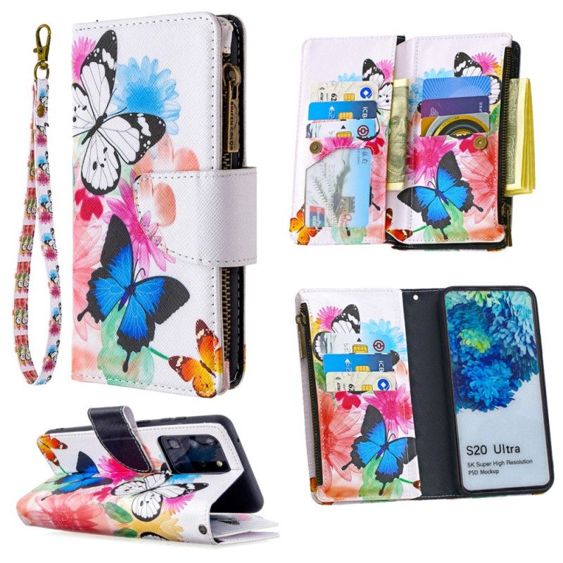Lederhüllen Samsung Galaxy S20 Ultra Schwarz Schmetterlings-Reißverschlusstasche