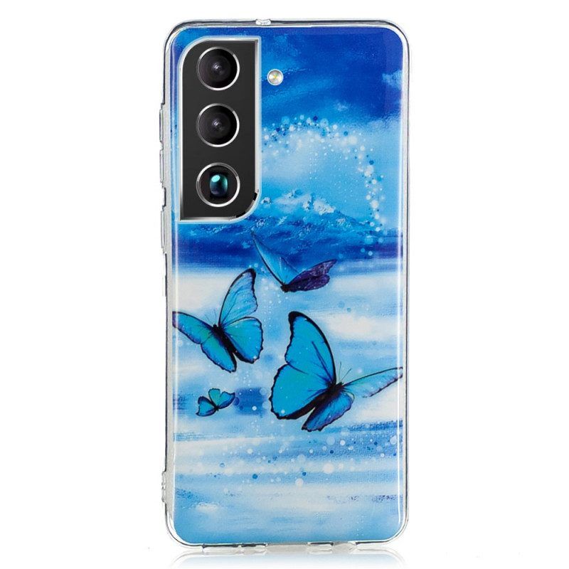 Handyhülle Für Samsung Galaxy S22 5G Fluoreszierende Blaue Schmetterlinge
