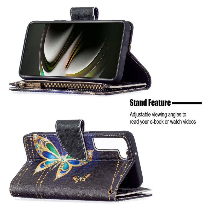 Lederhüllen Für Samsung Galaxy S22 5G Reißverschlusstasche Mit Schmetterlingen