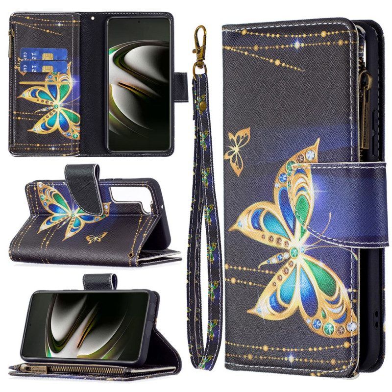 Lederhüllen Für Samsung Galaxy S22 5G Reißverschlusstasche Mit Schmetterlingen