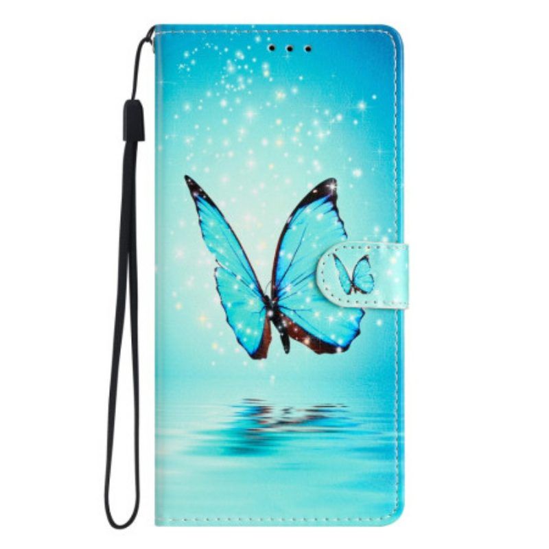 Flip Case Für Oppo Reno 8 Lite Mit Kordel Blaue Schmetterlinge Mit Riemen