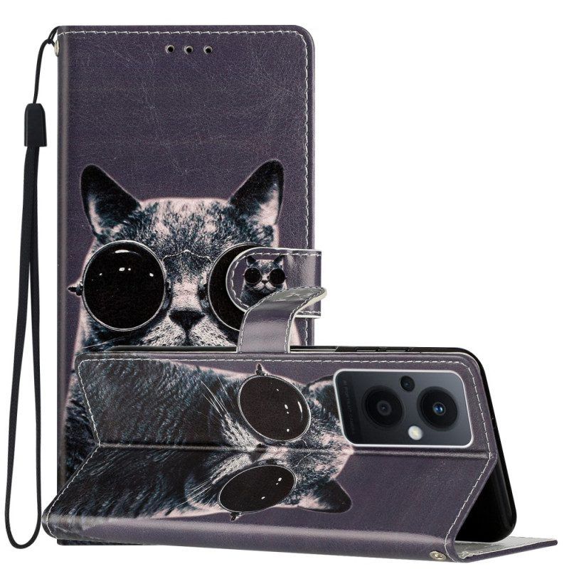 Flip Case Für Oppo Reno 8 Lite Mit Kordel Katzen-riemenbrille