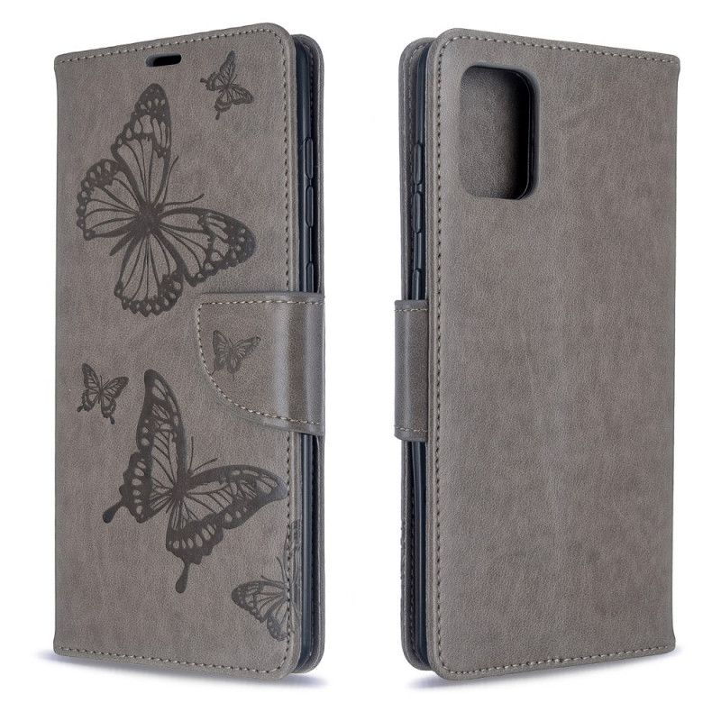 Lederhüllen Samsung Galaxy A71 Grau Schmetterlinge Im Flug Mit Tanga