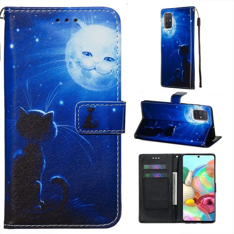 Lederhüllen Samsung Galaxy A71 Handyhülle Katze Im Mondlicht