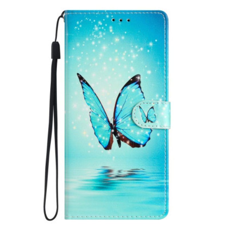 Flip Case Für Samsung Galaxy A53 5G Mit Kordel Blaue Schmetterlinge Mit Riemen