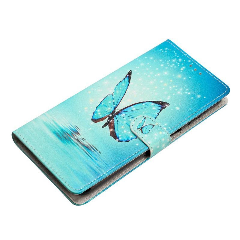 Flip Case Für Samsung Galaxy A53 5G Mit Kordel Blaue Schmetterlinge Mit Riemen