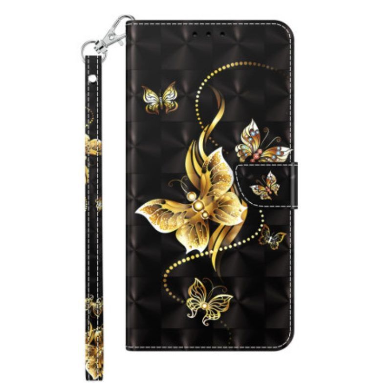 Lederhüllen Für Sony Xperia 1 IV Mit Kordel Goldene Schmetterlinge Mit Riemen